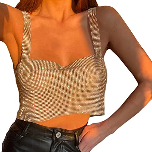 Onsoyours Damen Sexy Tops Bling Strass Party Crop Top Frauen Sommer Fashion Solid Backless Straps Voll Pailletten Cami Cropped Top Clubwear A Gold L von Onsoyours