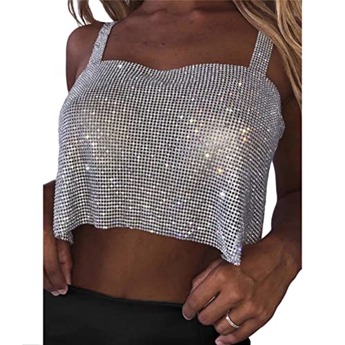 Onsoyours Damen Sexy Tops Bling Strass Party Crop Top Frauen Sommer Fashion Solid Backless Straps Voll Pailletten Cami Cropped Top Clubwear A Silber L von Onsoyours