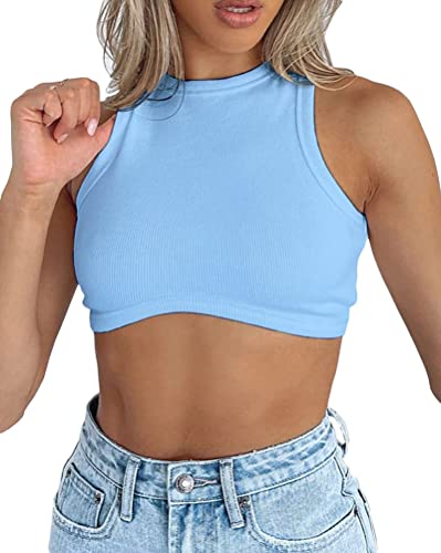 Onsoyours Damen Sexy Weste Y2k Ärmellos Crop Top Basic Tees Rundhals Strick Corset Hemdbluse Sommer Kurzes Tank Tops A Hellblau S von Onsoyours