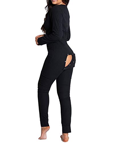 Onsoyours Damen Sexy schlank Strampler Schlafanzug- Einteiler Onesie Jumpsuit Funktionale Geknöpfte Klappe Beiläufig Erwachsene Frauen Pyjamas Komfortables und stilvolles Design A Schwarz L von Onsoyours