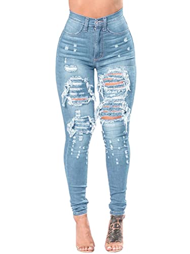 Onsoyours Damen Skinny Jeans Stretch Jeanshose Löcher Röhrenjeans Frauen Ripped Denim Hose Casual Straight Leg Hose Destroyed Jeggings Boyfriend Jeans A Hellblau XL von Onsoyours