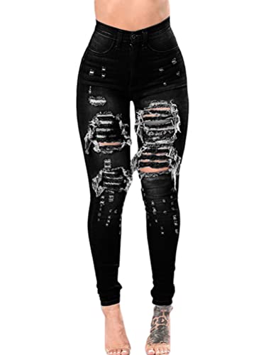 Onsoyours Damen Skinny Jeans Stretch Jeanshose Löcher Röhrenjeans Frauen Ripped Denim Hose Casual Straight Leg Hose Destroyed Jeggings Boyfriend Jeans A Schwarz L von Onsoyours