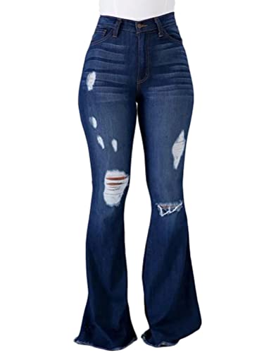 Onsoyours Damen Skinny Jeans Stretch Jeanshose Löcher Röhrenjeans Frauen Ripped Denim Hose Casual Straight Leg Hose Destroyed Jeggings Boyfriend Jeans B Blau XXL von Onsoyours