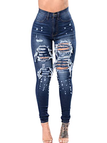 Onsoyours Damen Skinny Stretch Jeans Destroyed High Waist Jeanshose Röhrenjeans Skinny Slim Fit Stretch Boyfriend Jeans A Blau 3XL von Onsoyours