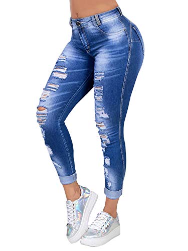 Onsoyours Damen Skinny Stretch Jeans mit Risse Destroyed Look High Waist Jeanshose Röhrenjeans Skinny Slim Fit Stretch Boyfriend Jeans Z1 Blau 3XL von Onsoyours