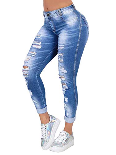 Onsoyours Damen Skinny Stretch Jeans mit Risse Destroyed Look High Waist Jeanshose Röhrenjeans Skinny Slim Fit Stretch Boyfriend Jeans Z1 Hellblau L von Onsoyours