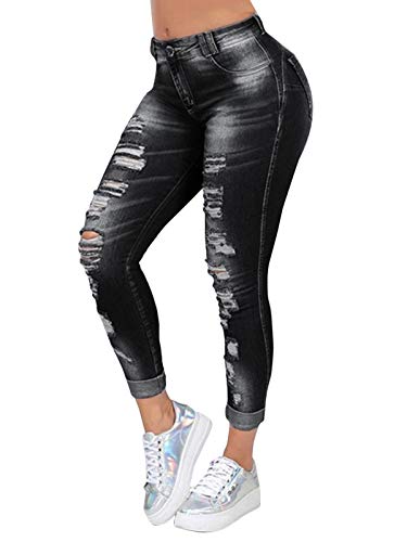 Onsoyours Damen Skinny Stretch Jeans mit Risse Destroyed Look High Waist Jeanshose Röhrenjeans Skinny Slim Fit Stretch Boyfriend Jeans Z1 Schwarz M von Onsoyours