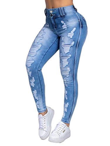 Onsoyours Damen Skinny Stretch Jeans mit Risse Destroyed Look High Waist Jeanshose Röhrenjeans Skinny Slim Fit Stretch Boyfriend Jeans Z2 Blau XXL von Onsoyours