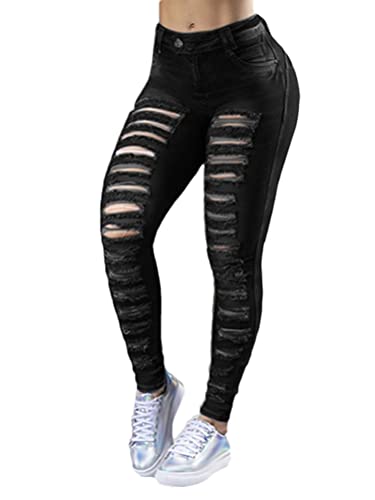 Onsoyours Damen Skinny Stretch Jeans mit Risse Destroyed Look High Waist Jeanshose Röhrenjeans Skinny Slim Fit Stretch Boyfriend Jeans Z5 Schwarz M von Onsoyours