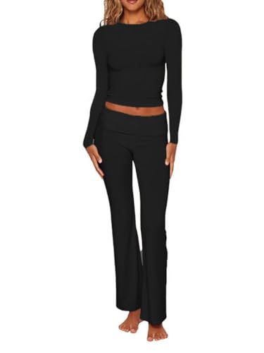 Onsoyours Damen Slim Fit Zweiteiler Lounge Wear Damen Joggeranzug Langarm Crop Top und Umklappbare Yoga Schlaghose Damen Lounge Sweatsuits Set B Schwarz XS von Onsoyours