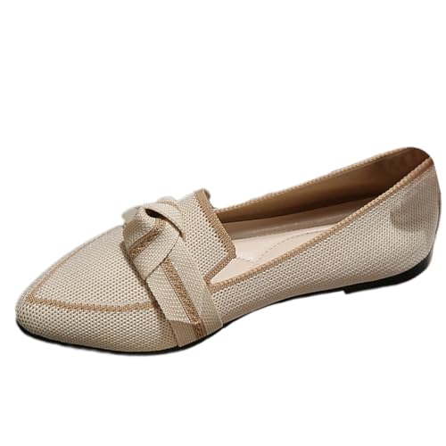 Onsoyours Damen Slip on Flache Schuhe mit Schleife Geschlossene Ballerinas Halbschuhe Spitzen Zehen rutschfest Freizeitschuhe Aushöhlen Slippers Loafer Mokassins Schlupfschuhe A Beige 40 EU von Onsoyours