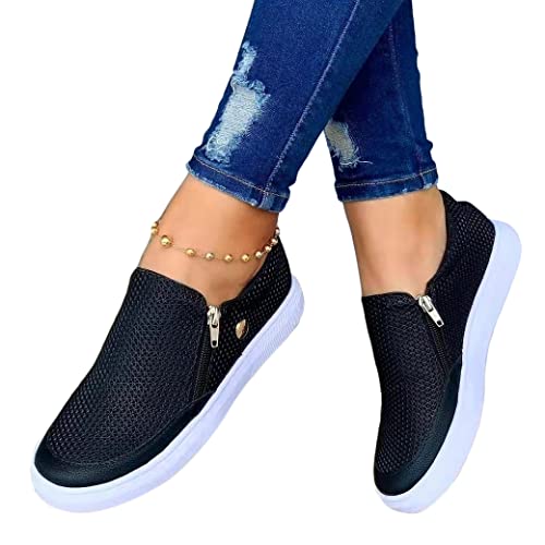 Onsoyours Damen Sneakers Turnschuhe Mode Breathble Freizeitschuhe PU Leder Sportschuhe Flache Laufschuhe Zipper Casual Walkingschuhe A Schwarz 40 EU von Onsoyours