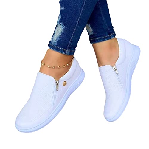 Onsoyours Damen Sneakers Turnschuhe Mode Breathble Freizeitschuhe PU Leder Sportschuhe Flache Laufschuhe Zipper Casual Walkingschuhe A Weiß 42 EU von Onsoyours