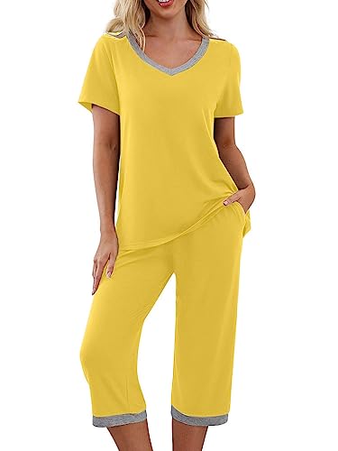 Onsoyours Damen Sommer 2 Stück Schlafanzug Lässiges Einfarbig Nachtwäsche Kurz Pyjama Set Kurzarm Sleepshirt Top mit 3/4 Lange Capri Hose Hausanzug Schön Freizeitanzug A Gelb XL von Onsoyours