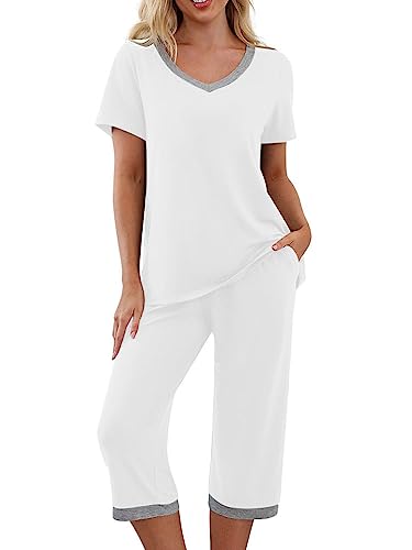 Onsoyours Damen Sommer 2 Stück Schlafanzug Lässiges Einfarbig Nachtwäsche Kurz Pyjama Set Kurzarm Sleepshirt Top mit 3/4 Lange Capri Hose Hausanzug Schön Freizeitanzug A Weiß XL von Onsoyours