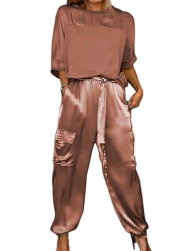 Onsoyours Damen Sommer 2 Teilig Satin Anzug Traingsanzug Zweiteilige Jogginganzug Freizeitanzug Sportanzug Halber Ärmel Rundhals T-Shirt und Hose mit Kordelzug D Braun M von Onsoyours