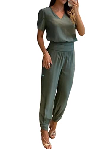 Onsoyours Damen Sommer 2 Teilig Set Traingsanzug Bedruckter Zweiteilige Jogginganzug Freizeitanzug Sport Set Kurzarm T-Shirt mit V-Ausschnitt und Hose mit Kordelzug Sportanzug A Grau Grün M von Onsoyours