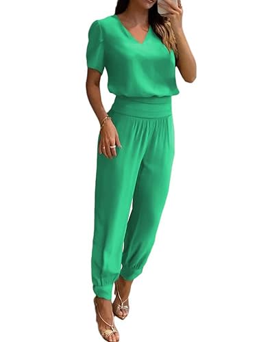 Onsoyours Damen Sommer 2 Teilig Set Traingsanzug Bedruckter Zweiteilige Jogginganzug Freizeitanzug Sport Set Kurzarm T-Shirt mit V-Ausschnitt und Hose mit Kordelzug Sportanzug A Grün Gestreift L von Onsoyours