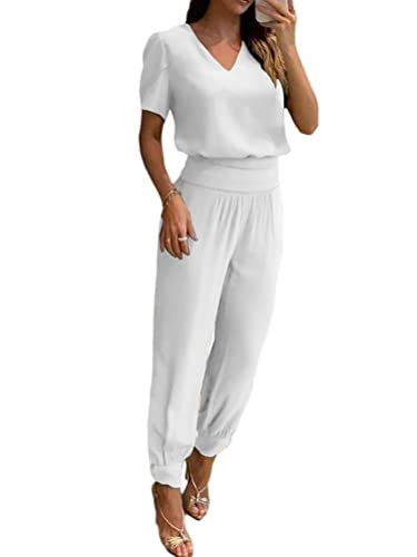 Onsoyours Damen Sommer 2 Teilig Set Traingsanzug Bedruckter Zweiteilige Jogginganzug Freizeitanzug Sport Set Kurzarm T-Shirt mit V-Ausschnitt und Hose mit Kordelzug Sportanzug A Weiß L von Onsoyours