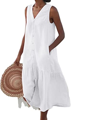 Onsoyours Damen Sommer Baumwoll Leinen Kleid Ärmelloses Rundhals Boho Sommerkleid Strandkleid Einfarbig Locker Kaftan Langes Kaftan Kleid Mit Taschen Knielang Kleid A1 Weiß 46 von Onsoyours