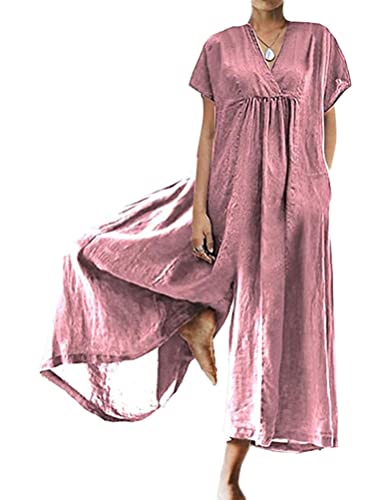 Onsoyours Damen Sommer Baumwolle Leinen Kurzarm V Ausschnitt Casual Jumpsuits mit Taschen Jumpsuit Damen Elegant Lässiger Overall Einteiler Lang Damen Baggy Oversize Baumwoll Leinen Latzhose A Rosa S von Onsoyours