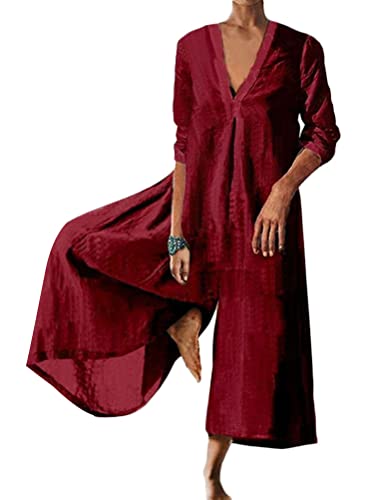 Onsoyours Damen Sommer Baumwolle Leinen Kurzarm V Ausschnitt Casual Jumpsuits mit Taschen Jumpsuit Damen Elegant Lässiger Overall Einteiler Lang Damen Baggy Oversize Baumwoll Leinen Latzhose C Rot XS von Onsoyours