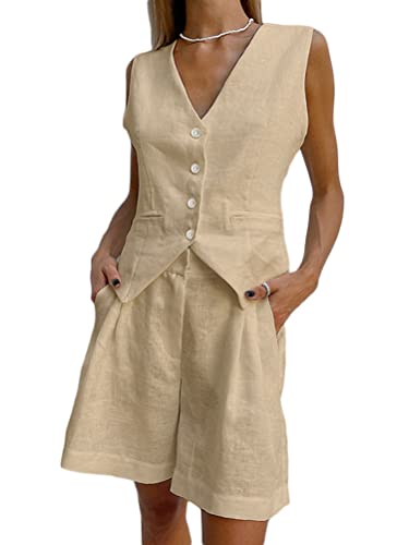 Onsoyours Damen Sommer Blazer Zweiteiliger Anzug Set 2 Stück Ärmellose Weste Blazer und Shorts Anzug Set Zweiteiler Einfarbig Anzugshorts Set A Khaki L von Onsoyours