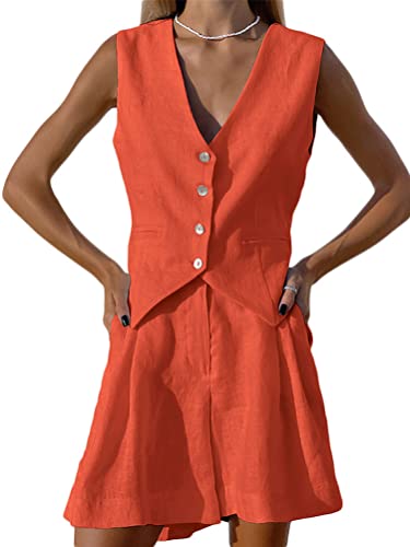 Onsoyours Damen Sommer Blazer Zweiteiliger Anzug Set 2 Stück Ärmellose Weste Blazer und Shorts Anzug Set Zweiteiler Einfarbig Anzugshorts Set A Orange L von Onsoyours