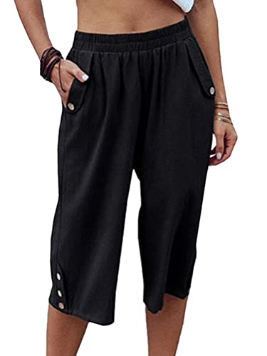 Onsoyours Damen Sommer Casual Baumwolle Leinen 3/4 Stoffhose Einfarbig Freizeithose Stretch Leicht Leinenhose Straight Leg Hose Mit Taschen D Schwarz L von Onsoyours