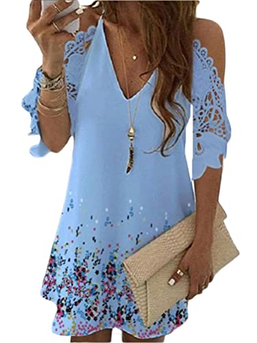 Onsoyours Damen Sommer Casual Rundhals T-Shirt Kleid mit Spitzennähte Kurzarm Swing Kleider Knielang Elegant Sommerkleid Strandkleid A Hellblau XXL von Onsoyours