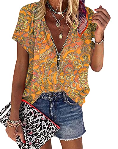 Onsoyours Damen Sommer Chiffon Blusen Elegante Lose Reißverschluss Kurzarmshirts Bluse Farbblock Tunika Drucken Oberteile T-Shirt V-Ausschnitt Tops A Gelb L von Onsoyours