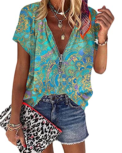 Onsoyours Damen Sommer Chiffon Blusen Elegante Lose Reißverschluss Kurzarmshirts Bluse Farbblock Tunika Drucken Oberteile T-Shirt V-Ausschnitt Tops A Grün 3XL von Onsoyours