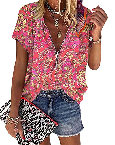 Onsoyours Damen Sommer Chiffon Blusen Elegante Lose Reißverschluss Kurzarmshirts Bluse Farbblock Tunika Drucken Oberteile T-Shirt V-Ausschnitt Tops A Rosa L von Onsoyours