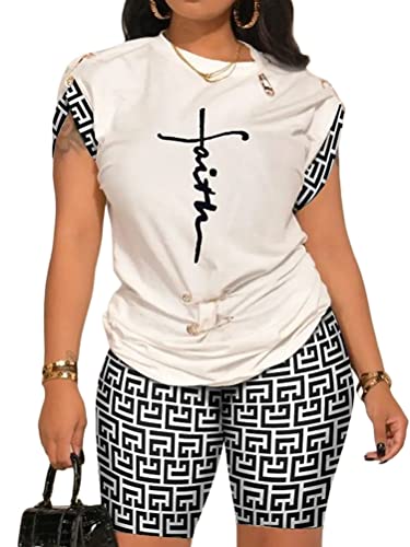 Onsoyours Damen Sommer Druck Anstecknadel Kurzarm Rundhals T-Shirt und Shorts Set Freizeitanzug Sportanzug Zweiteiler Anzug Jogginganzug Traingsanzug Outfits A Labyrinth XL von Onsoyours
