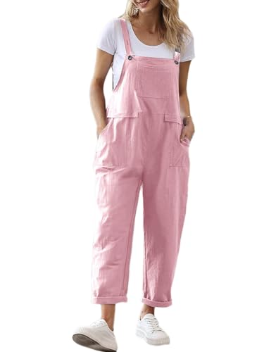 Onsoyours Damen Sommer Einfarbige Jumpsuit Boho Overall Retro Baggy Latzhose Lose Lange Strampler Breites Bein Hosen Rompers Årmellos Hosenanzug Playsuit mit Tasche B Rosa M von Onsoyours