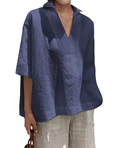 Onsoyours Damen Sommer Elegante Leinen Einfarbig Kurzarm T-Shirt Tunika Blusen V Ausschnitt Leicht Asymmetrisch Shirt B Marine 46 von Onsoyours
