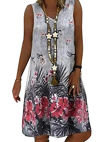 Onsoyours Damen Sommer Freizeit Blumenmuster Boho V-Ausschnitt Strand Midi Kleid T-Shirt Kleid Casual Atmungsaktives Freizeitkleid Kurze Ärmel Mit Taschen E Rot 40 von Onsoyours