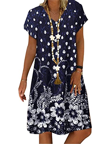 Onsoyours Damen Sommer Freizeit Blumenmuster Boho V-Ausschnitt Strand Midi Kleid T-Shirt Kleid Casual Atmungsaktives Freizeitkleid Kurze Ärmel Mit Taschen F Dunkelblau 48 von Onsoyours