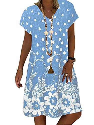 Onsoyours Damen Sommer Freizeit Blumenmuster Boho V-Ausschnitt Strand Midi Kleid T-Shirt Kleid Casual Atmungsaktives Freizeitkleid Kurze Ärmel Mit Taschen F Hellblau 44 von Onsoyours