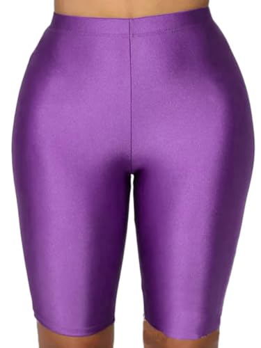 Onsoyours Damen Sommer Glänzend Sport Shorts Radlerhose Leggings High Waist Sporthose Gym Yoga Lauf Hose Blickdichte Shapewear Bauchweg Jogginghose A Lila M von Onsoyours