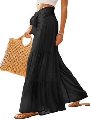 Onsoyours Damen Sommer Hosenrock mit Hoher Taille Loose Casual Lange Hose Chiffon Einfarbig Hosen Freizeithose Breites Bein Hose Sommerhose A Schwarz L von Onsoyours