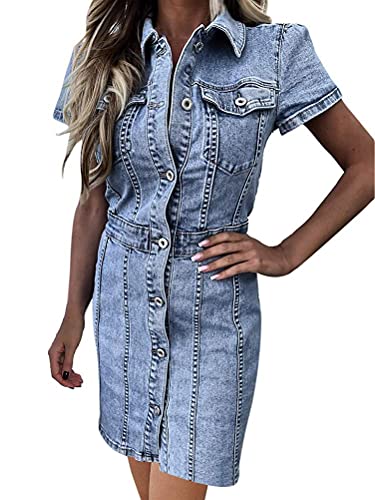 Onsoyours Damen Sommer Jeanskleid Beiläufige Ausschnitt Jeanskleid Elegant Bodycon V-Ausschnitt Knopf Knielang Denim Blusekleid Y Hellblau M von Onsoyours