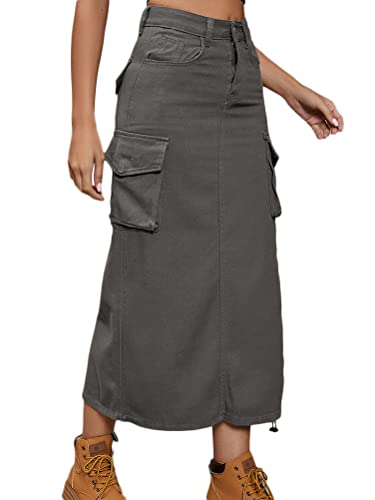 Onsoyours Damen Sommer Jeansrock Midi Long A-Linie Rock mit Hoher Taille Stretch Sommerrock Bleistiftrock Sexy Pencil Skirt mit Knöpfen Denim Midirock mit Taschen B Dunkelgrau L von Onsoyours