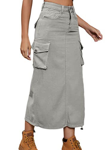 Onsoyours Damen Sommer Jeansrock Midi Long A-Linie Rock mit Hoher Taille Stretch Sommerrock Bleistiftrock Sexy Pencil Skirt mit Knöpfen Denim Midirock mit Taschen B Hellgrau L von Onsoyours