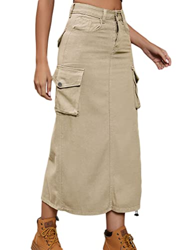 Onsoyours Damen Sommer Jeansrock Midi Long A-Linie Rock mit Hoher Taille Stretch Sommerrock Bleistiftrock Sexy Pencil Skirt mit Knöpfen Denim Midirock mit Taschen B Khaki M von Onsoyours