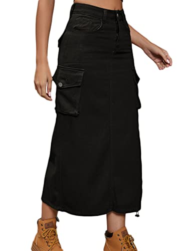 Onsoyours Damen Sommer Jeansrock Midi Long A-Linie Rock mit Hoher Taille Stretch Sommerrock Bleistiftrock Sexy Pencil Skirt mit Knöpfen Denim Midirock mit Taschen B Schwarz L von Onsoyours