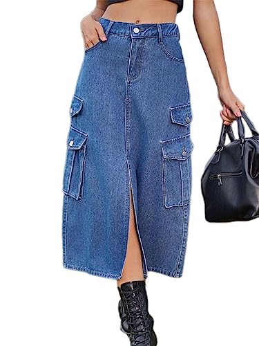 Onsoyours Damen Sommer Jeansrock Midi Long A-Linie Rock mit Hoher Taille Stretch Sommerrock Bleistiftrock Sexy Pencil Skirt mit Knöpfen Denim Midirock mit Taschen C Blau L von Onsoyours