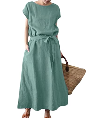 Onsoyours Damen Sommer Kleid Leinenkleider Casual Rundhalsausschnitt Kurzarm Freizeitkleid Strandkleider Boho Einfarbig Langes Kleid mit Taschen mit Gürtel A Grün L von Onsoyours