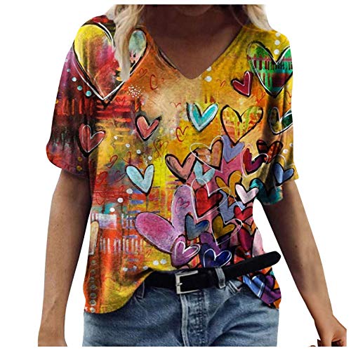 Onsoyours Damen Sommer Kurzarm Blusen T-Shirt V-Ausschnitte Loose Oversize Shirt Einfarbig Casual Brief Bedruckt Asymmetrisch Oberteile Top B Gelb M von Onsoyours