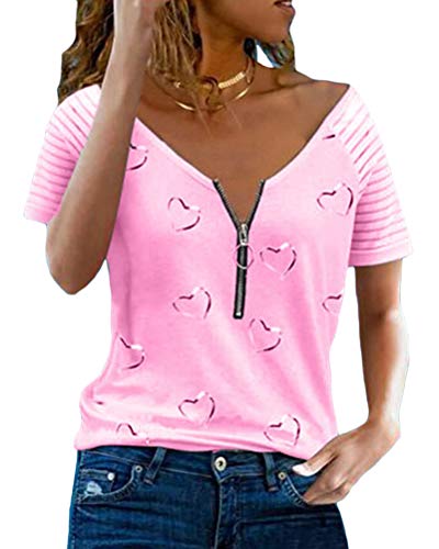 Onsoyours Damen Sommer Kurzarm Blusen T-Shirt V-Ausschnitte Loose Oversize Shirt Einfarbig Casual Brief Bedruckt Asymmetrisch Oberteile Top N Rosa L von Onsoyours